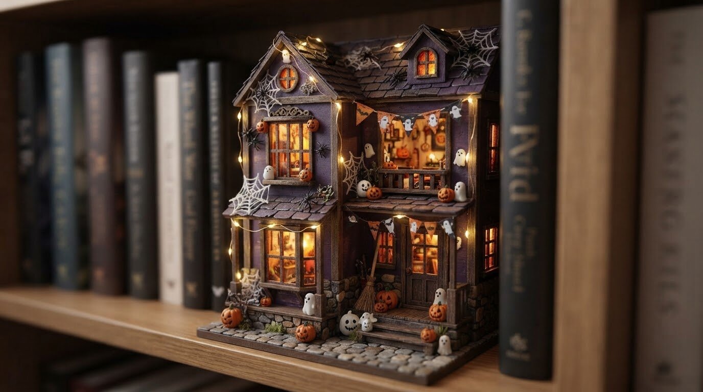Halloween on a shelf: decorating a finished miniature house